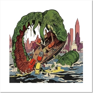 Mysterious Green Monster Lake Water Boat Cars City Retro Comic Vintage Cartoon Posters and Art